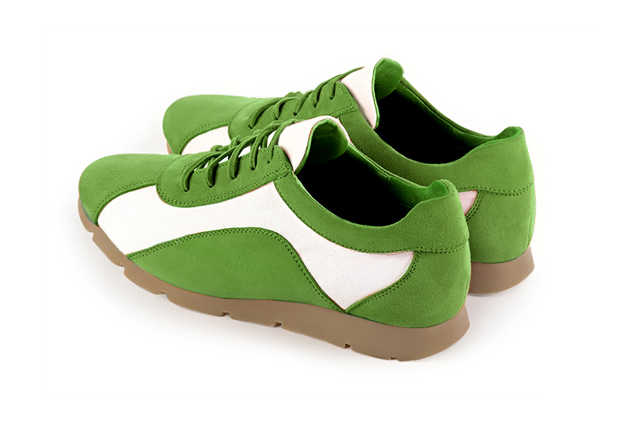 Grass green and off white women's elegant sneakers. Round toe. Flat rubber soles. Rear view - Florence KOOIJMAN